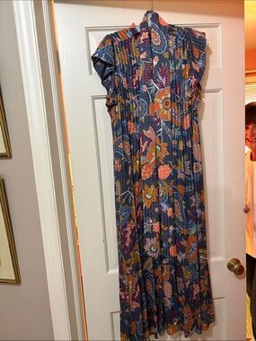 Marie Oliver Navy Floral Paisley Maxi Dress with Orange and Pink Accents